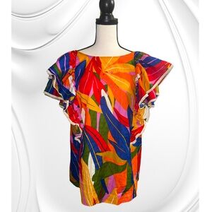 TROPICAL PALM LEAVES FLUTTER SLEEVE TOP